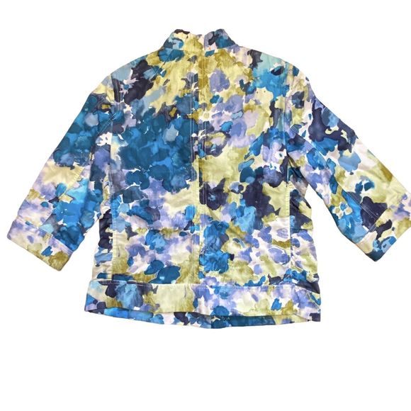 Coldwater Creek Cotton/Linen Blue Multi Abstract Floral Ruffle Neck Jacket Sz 12 - Picture 2 of 11